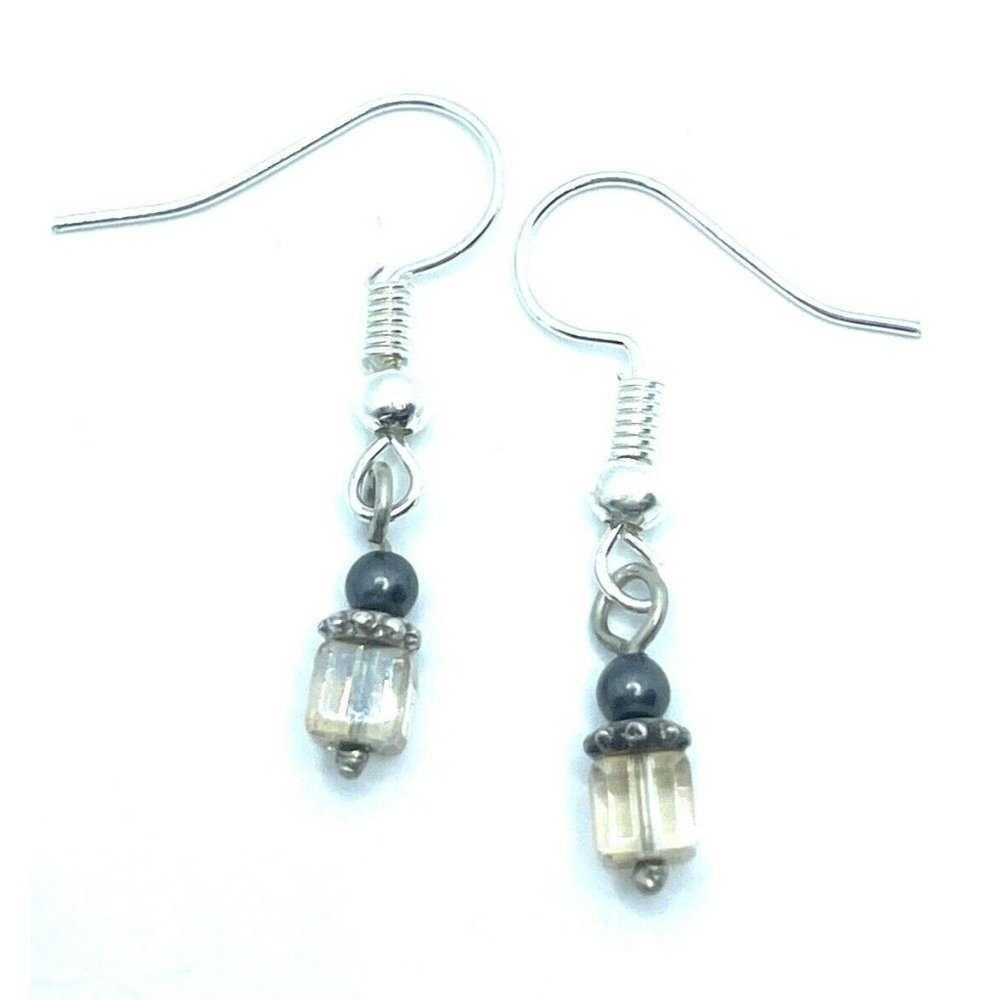 Brighton Square Tan Amber Cube Bead & Gray Small Silver Dainty Custom Earrings